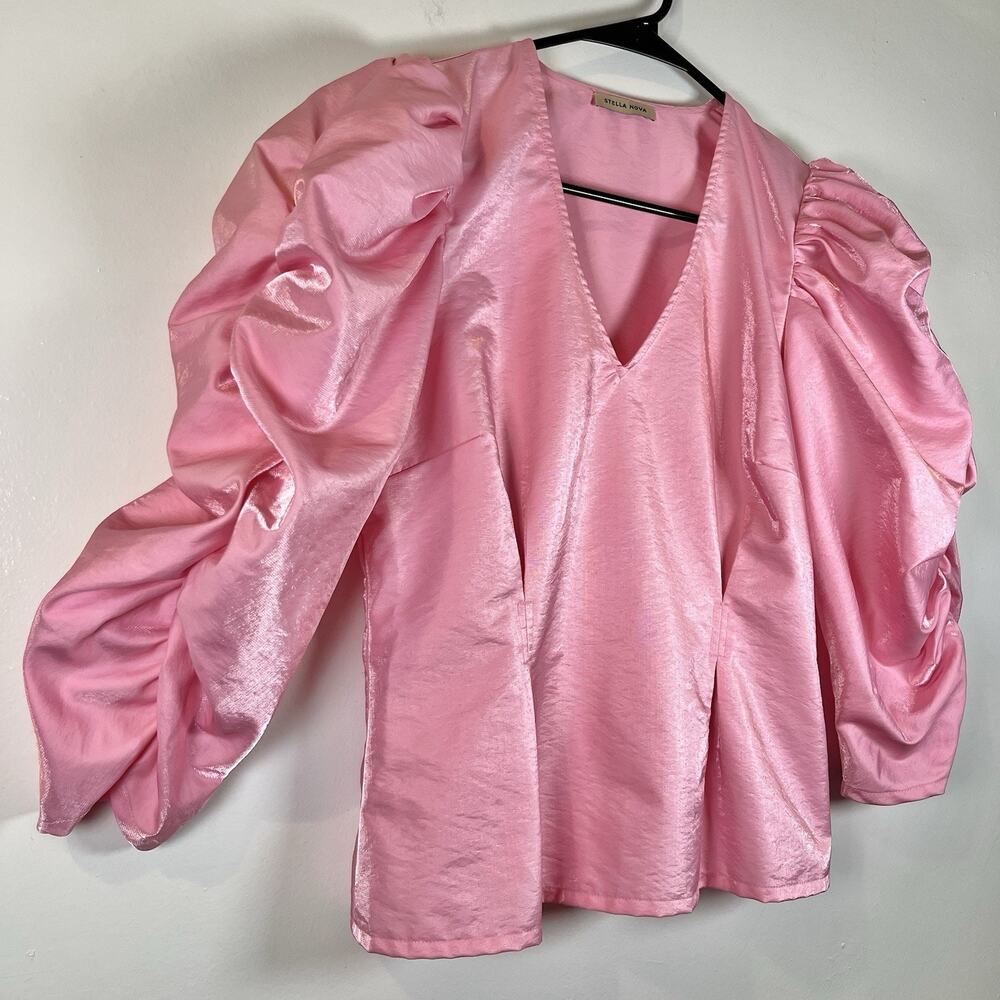 Stella Nova Pippi Blouse Pink Barbiecore Shiny Nylon Balloon Sleeve Sz 36 Small - Picture 4 of 9